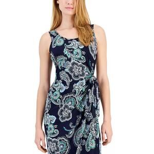 Robbie Bee Navy Blue Paisley Sarong Wrap Dress Large Sleeveless Jersey Knit